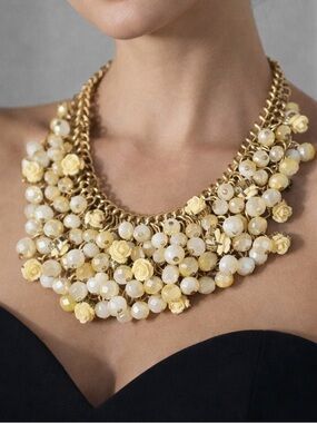 Vintage Gold Faceted Floral Statement Bib Necklace - Women Jewelry
